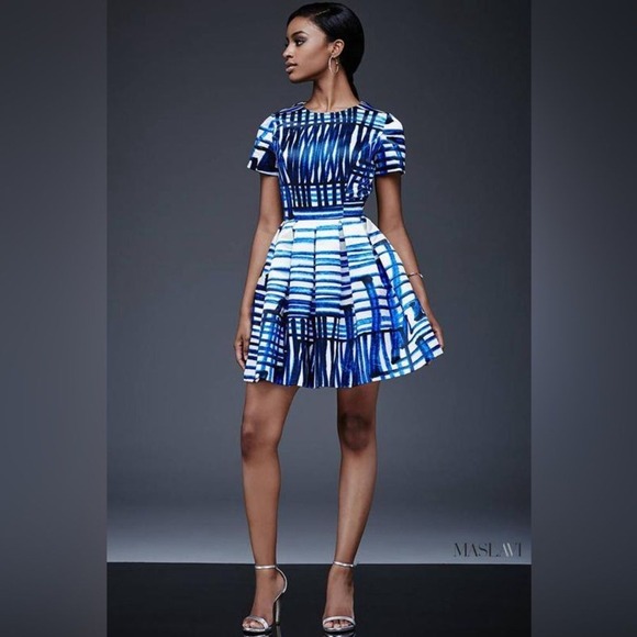 Jovani By Maslavi Formal Dress Sz 4 Short Sleeve Blue Satin Fit Flare Homecoming - Picture 1 of 15